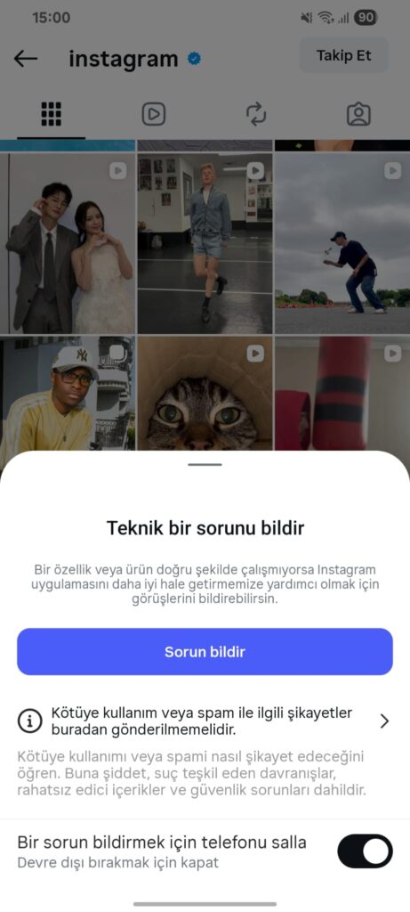 instagram shake to report özelliği